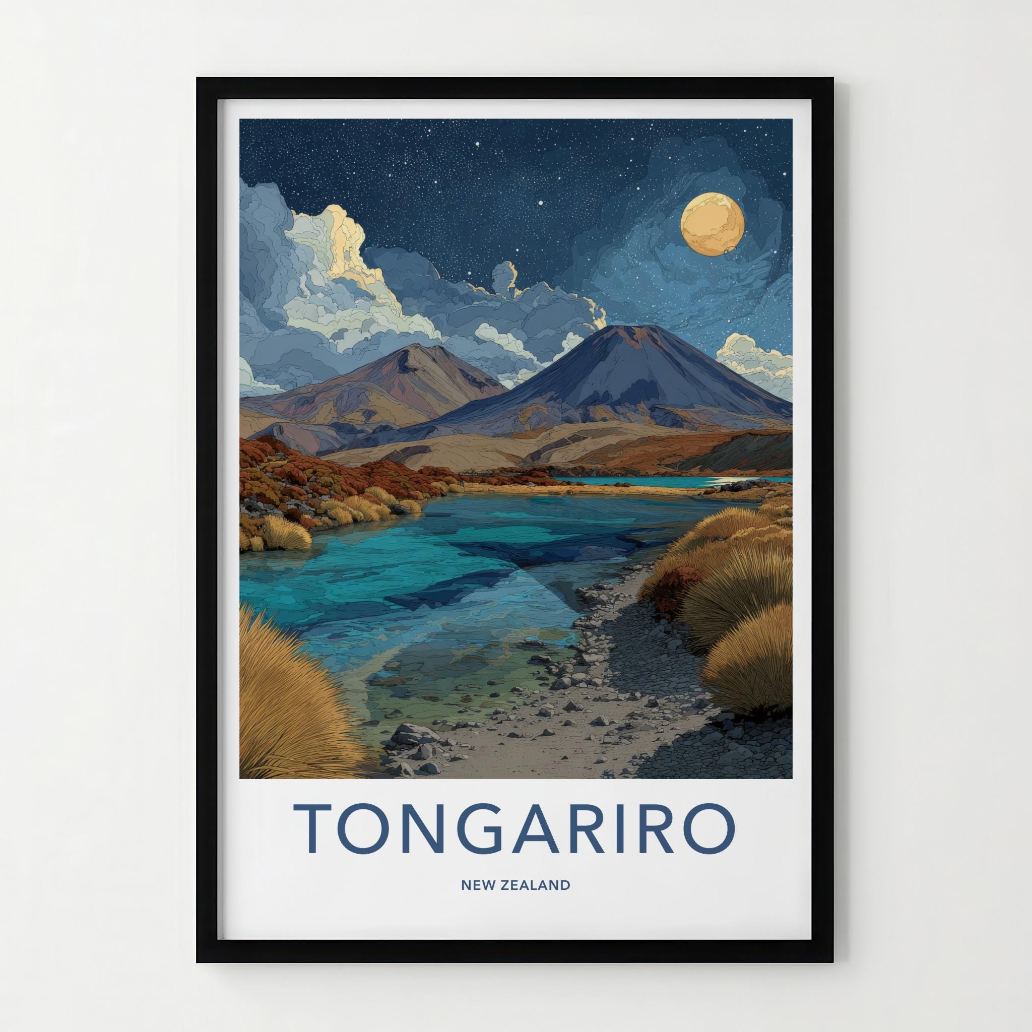Tongariro Poster - New Zealand Travel Art - Volcanic Lake Night Home Decor