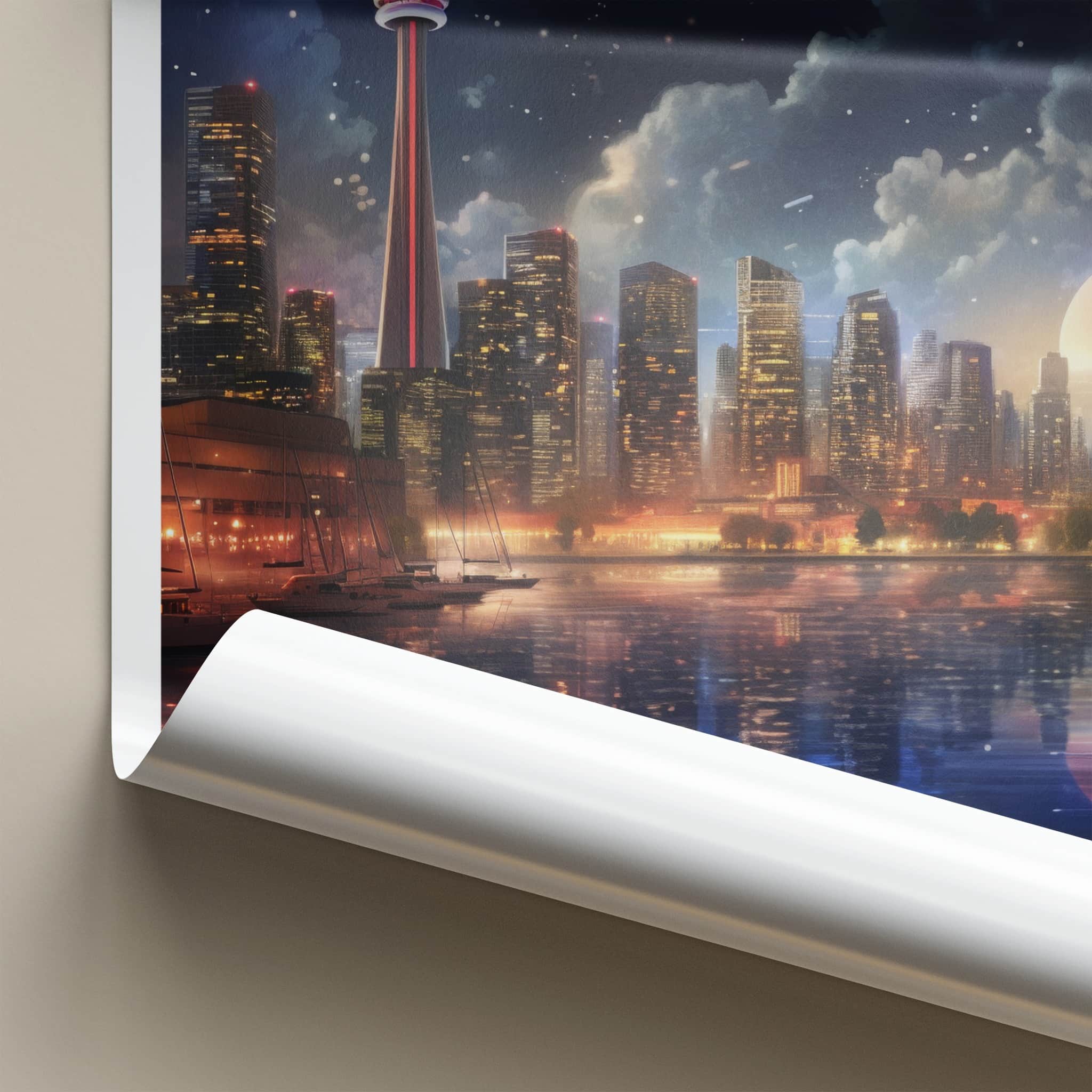 Toronto Poster - Canada Wall Art - Moonlit Cityscape Reflections Gift