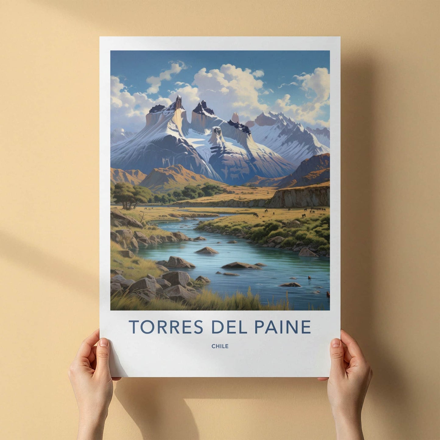 Torres Del Paine Poster - Chile Travel Art - Majestic Mountain River Home Decor