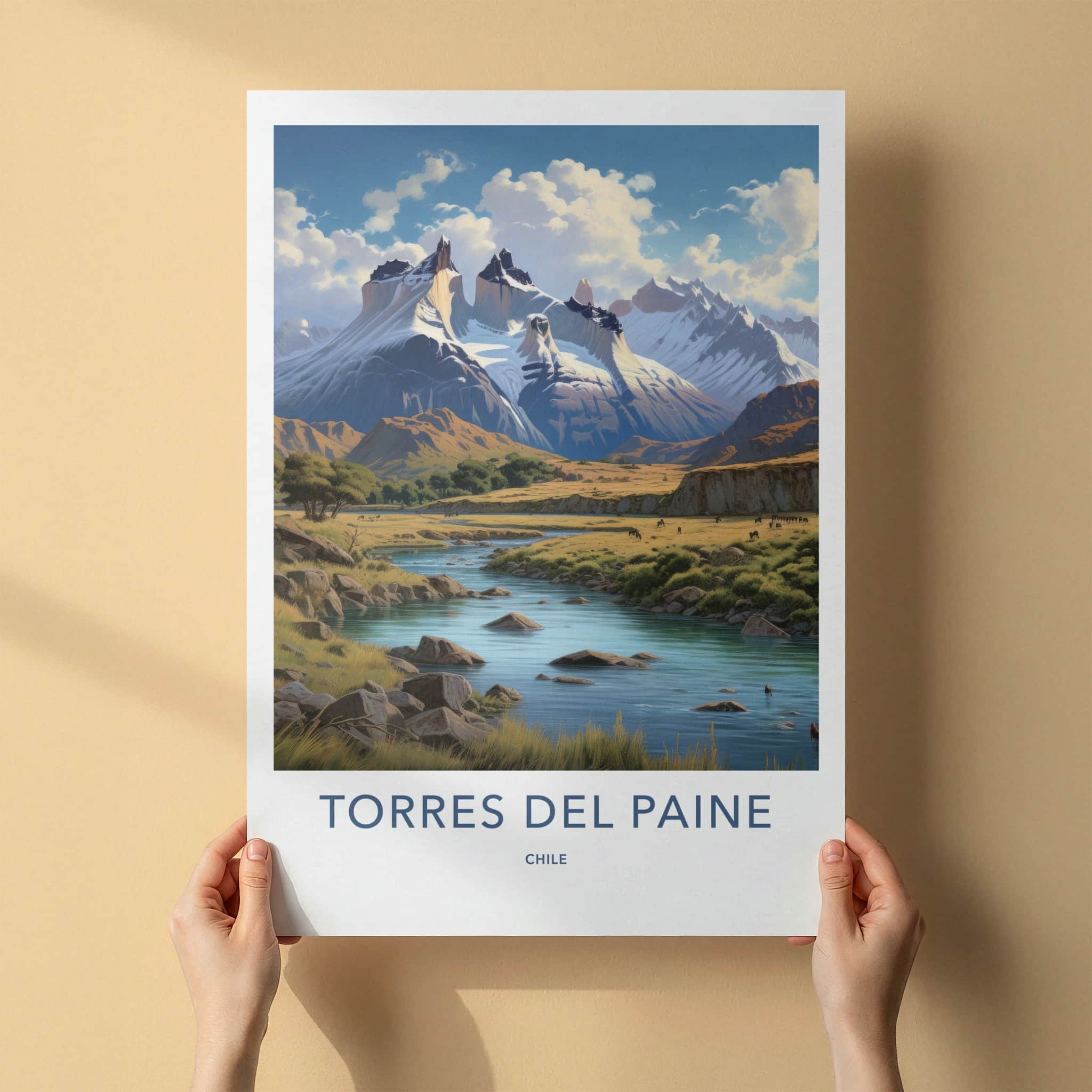Torres Del Paine Poster - Chile Travel Art - Majestic Mountain River Home Decor