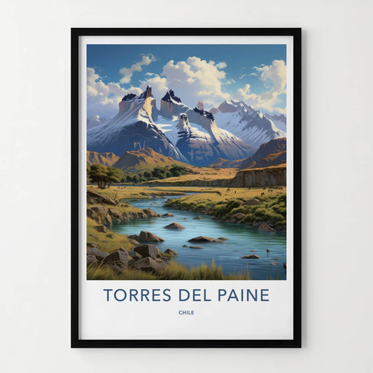 Torres Del Paine Poster - Chile Travel Art - Majestic Mountain River Home Decor