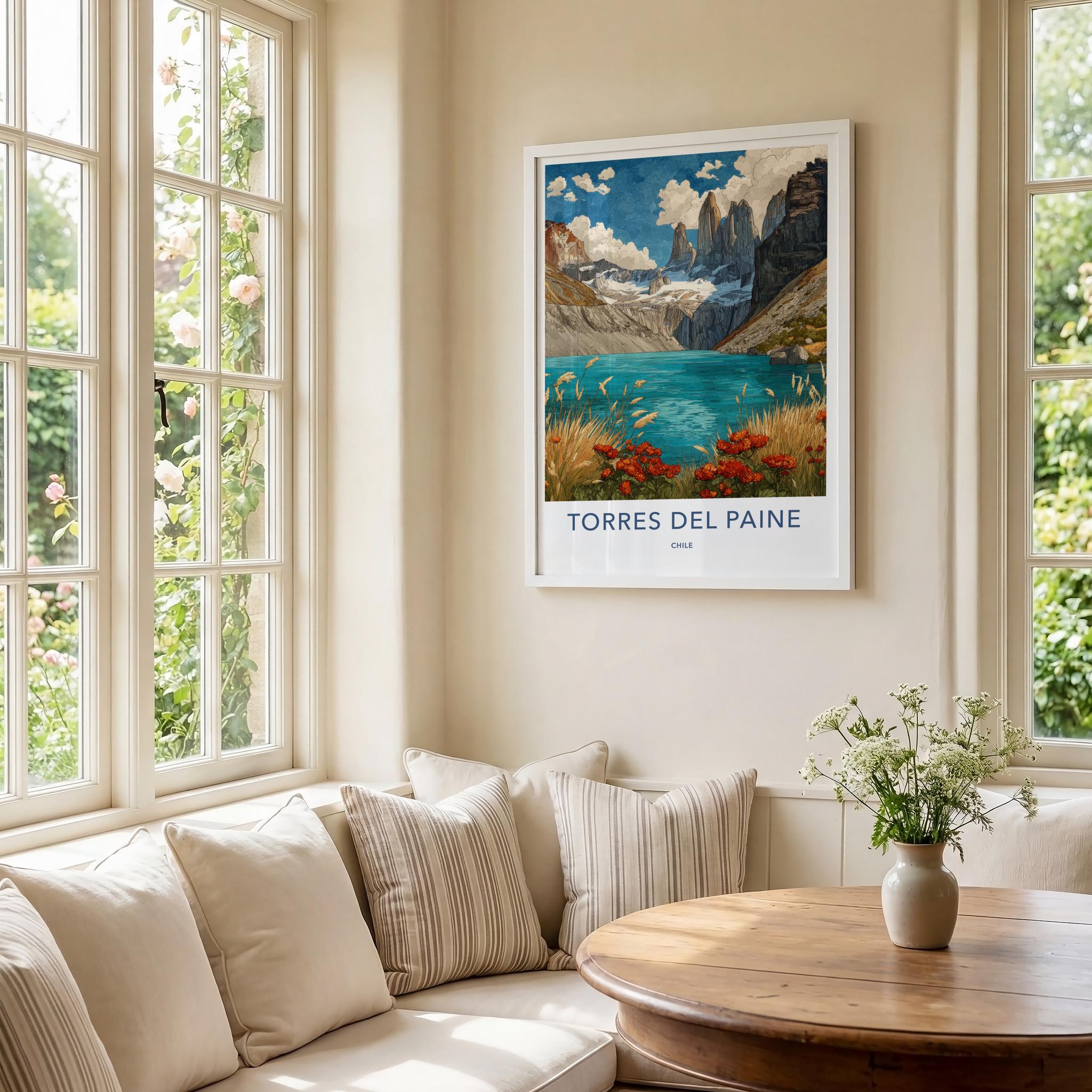 Torres Del Paine Poster - Chile Travel Art - Mountain Lake Flowers Home Decor