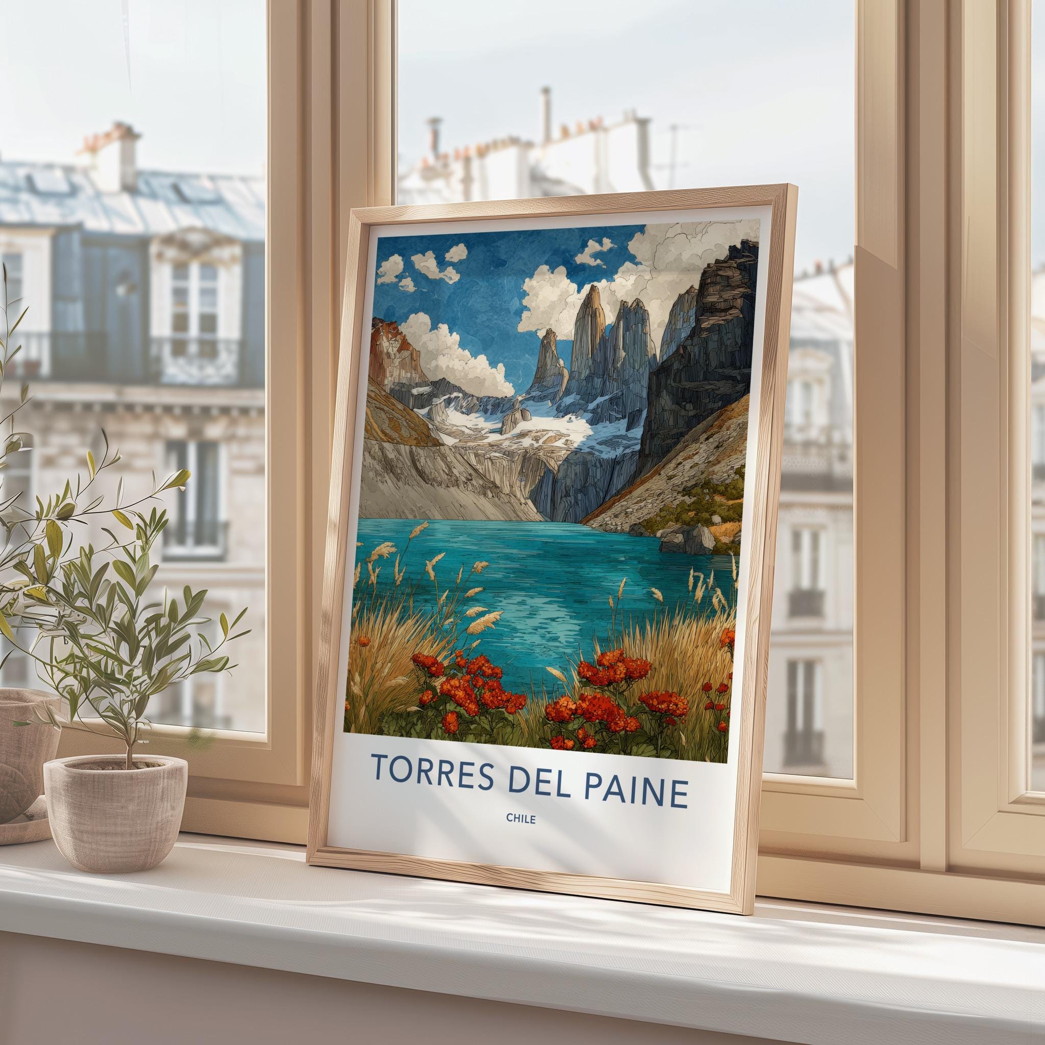 Torres Del Paine Poster - Chile Travel Art - Mountain Lake Flowers Home Decor