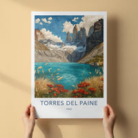 Torres Del Paine Poster - Chile Travel Art - Mountain Lake Flowers Home Decor