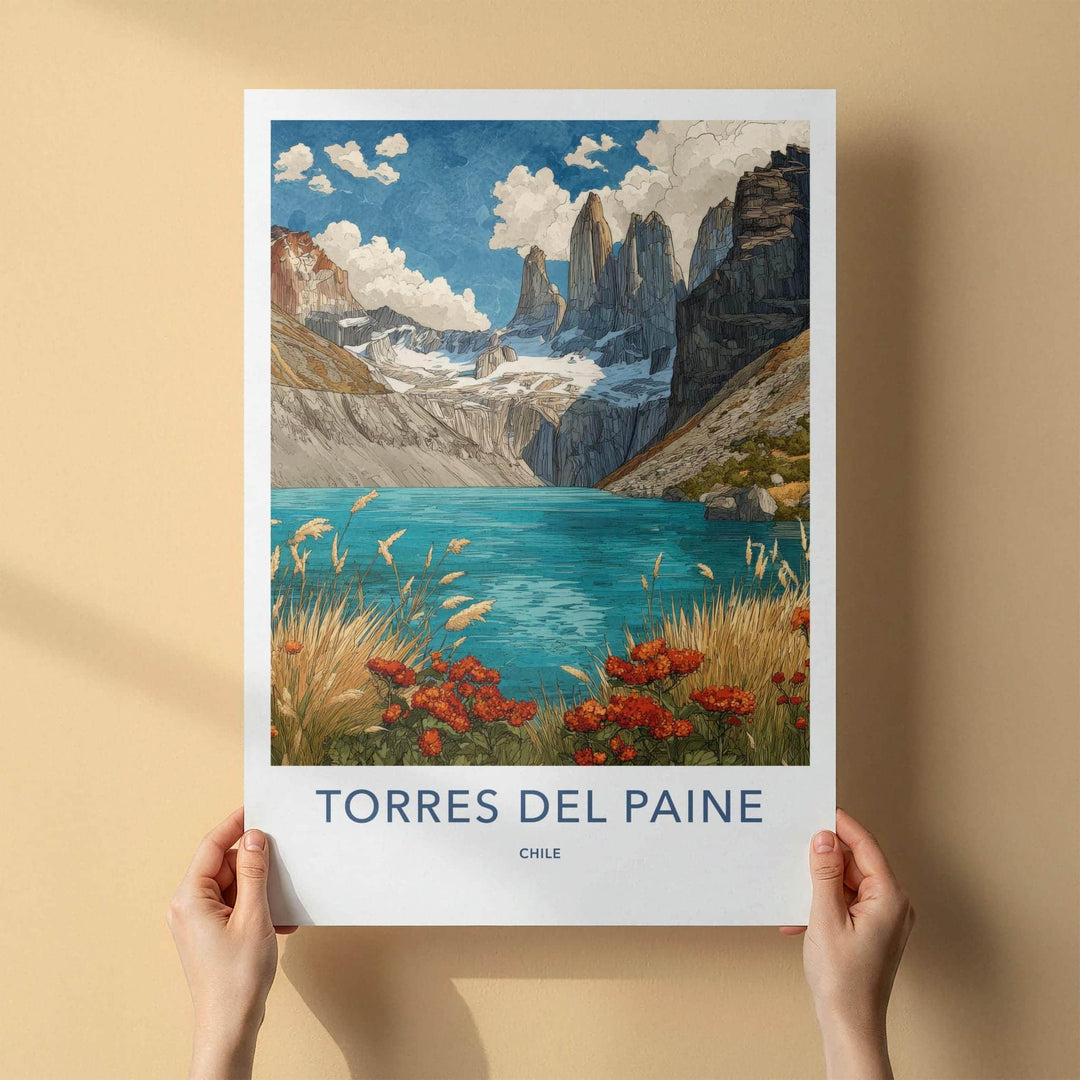 Torres Del Paine Poster - Chile Travel Art - Mountain Lake Flowers Home Decor