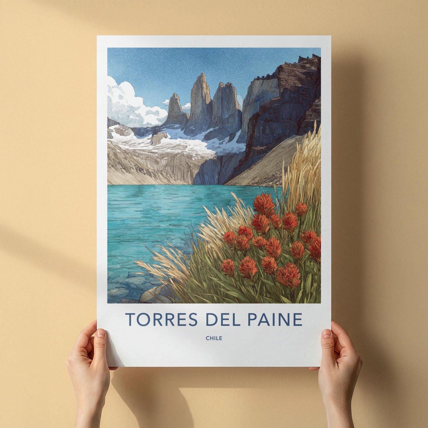 Torres Del Paine Poster - Chile Travel Art - Mountain Lake Flowers Home Decor