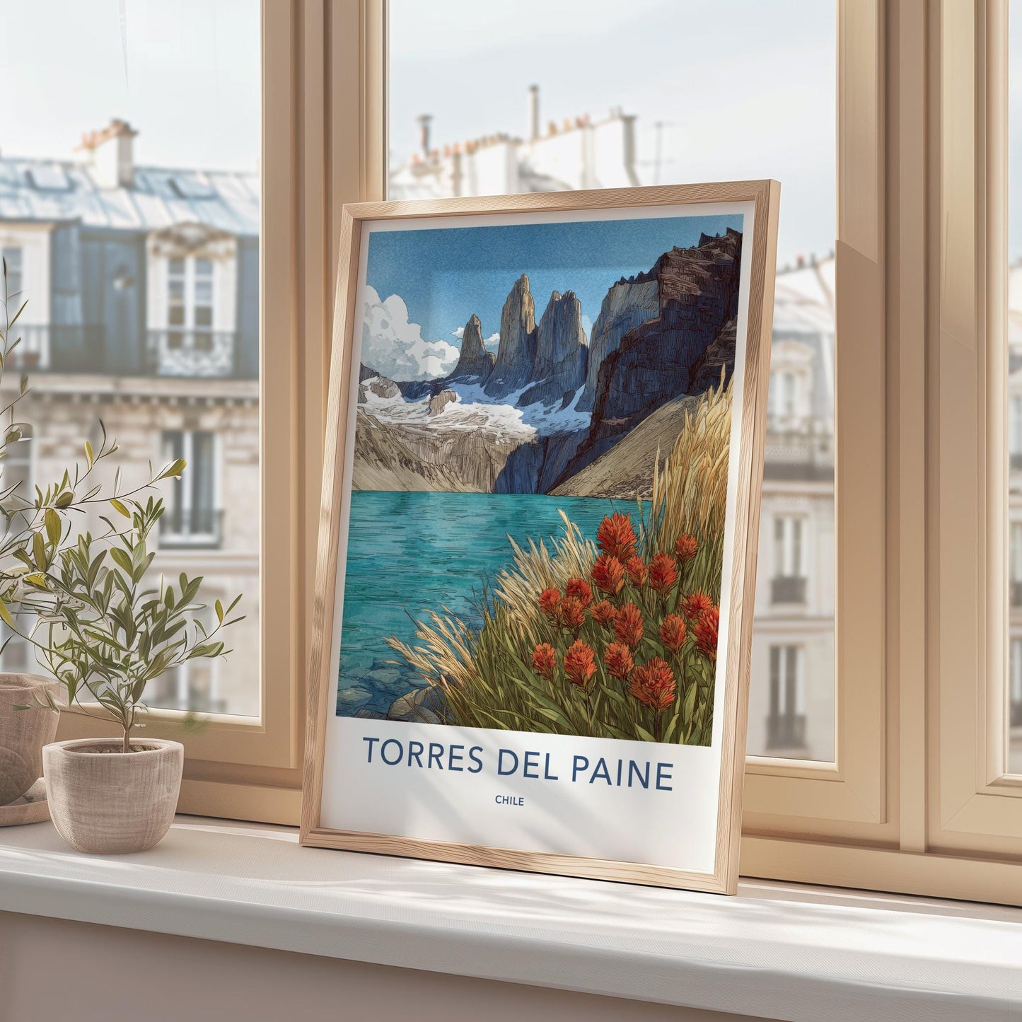 Torres Del Paine Poster - Chile Travel Art - Mountain Lake Flowers Home Decor
