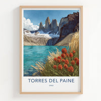 Torres Del Paine Poster - Chile Travel Art - Mountain Lake Flowers Home Decor