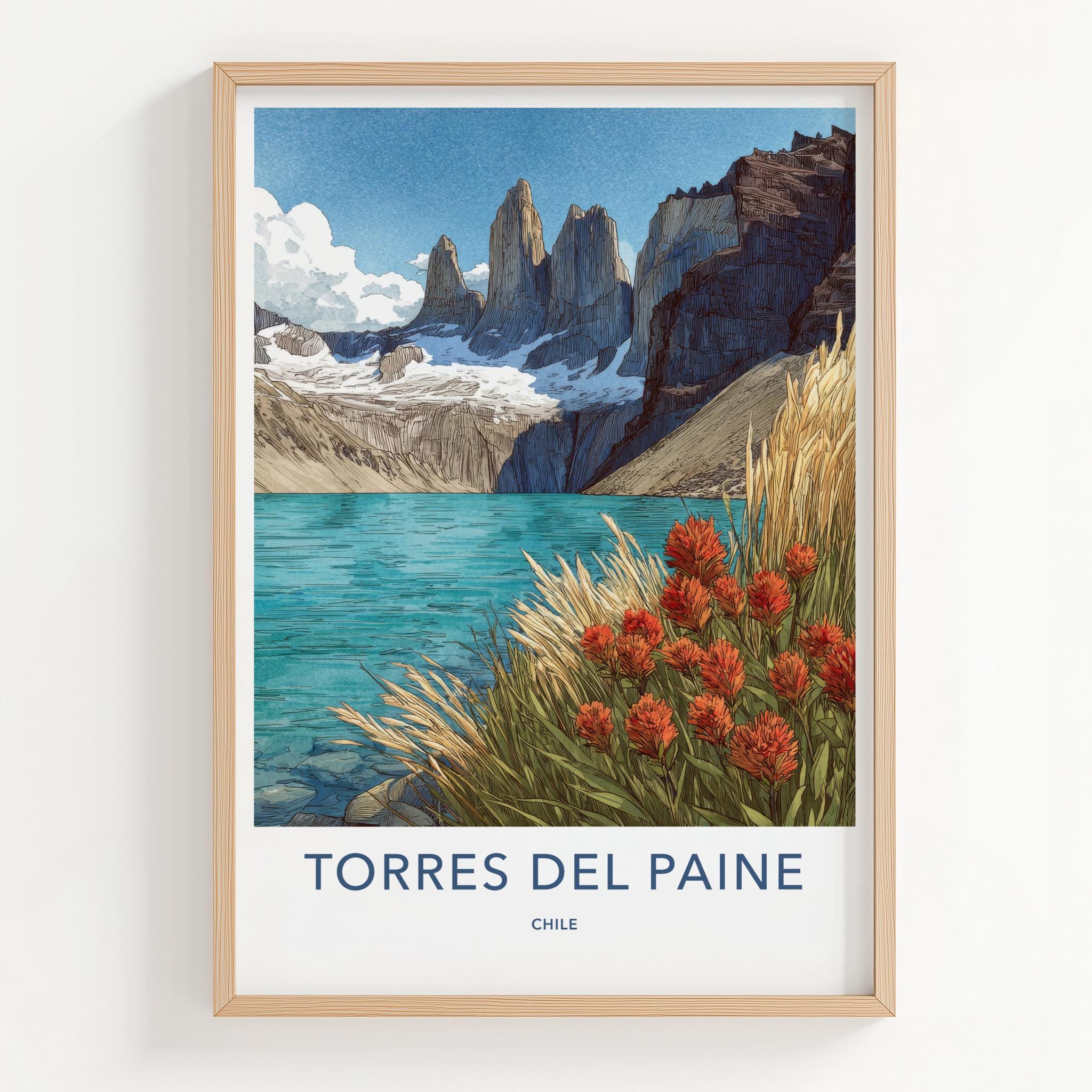 Torres Del Paine Poster - Chile Travel Art - Mountain Lake Flowers Home Decor