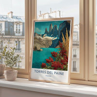 Torres del Paine Poster - Chile Travel Art - Red Berries Blue Lake Home Decor