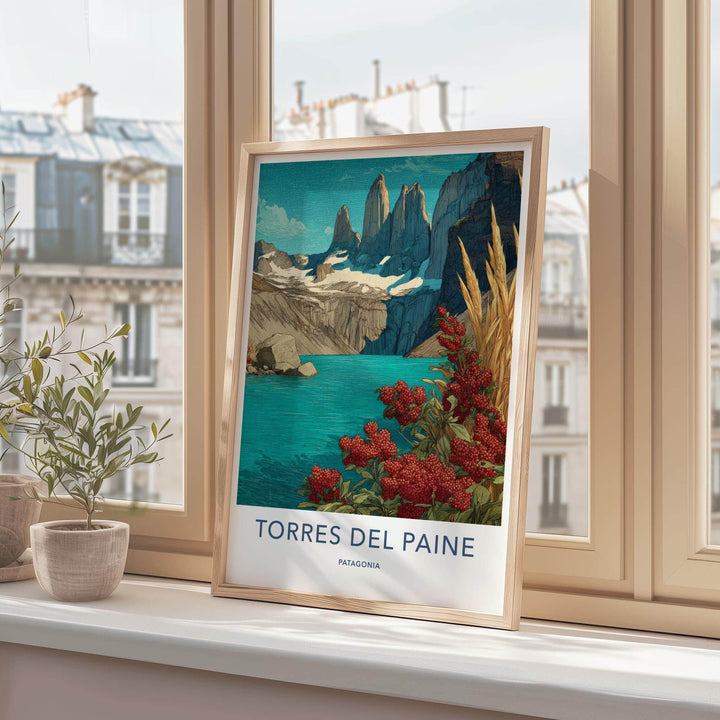 Torres del Paine Poster - Chile Travel Art - Red Berries Blue Lake Home Decor