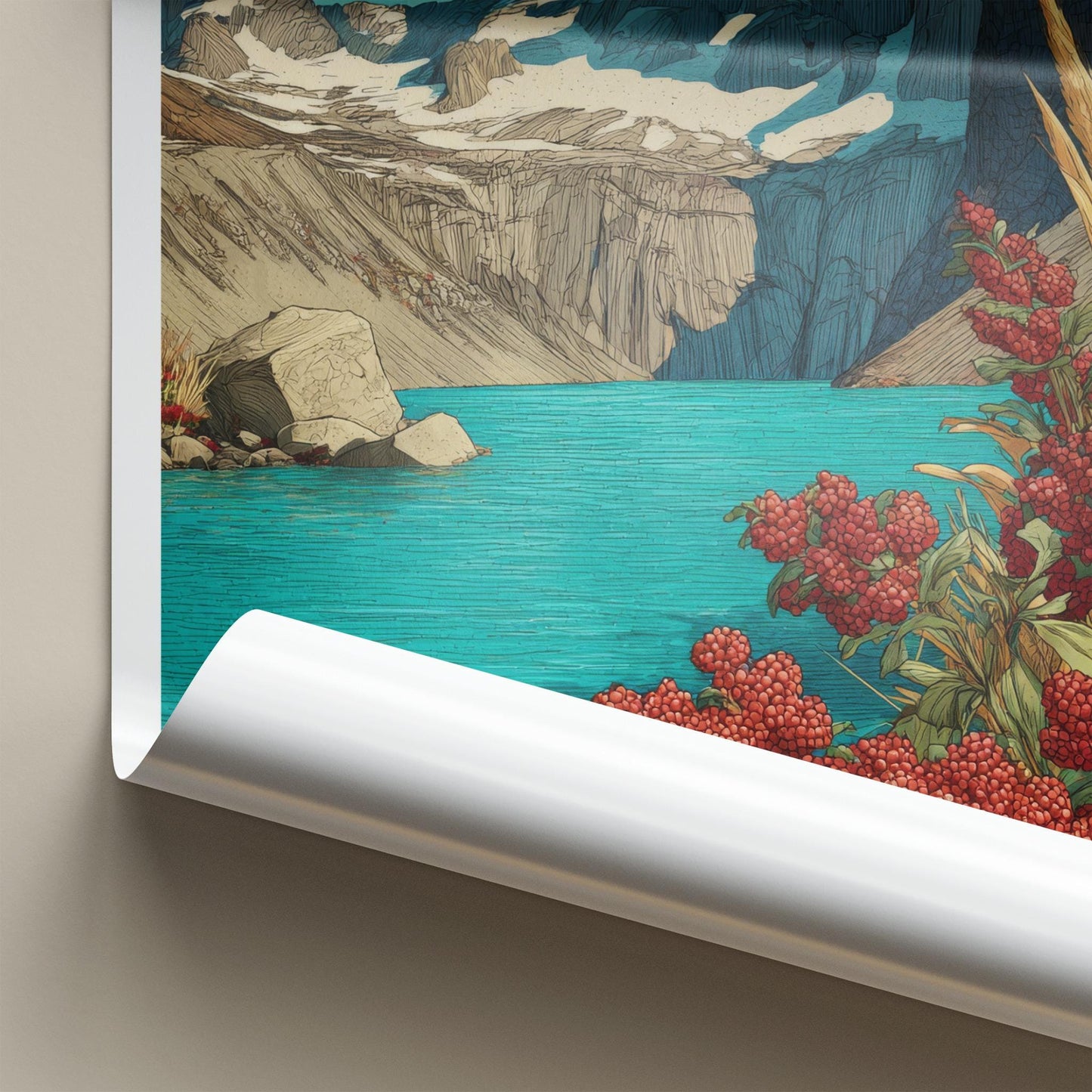 Torres del Paine Poster - Chile Travel Art - Red Berries Blue Lake Home Decor