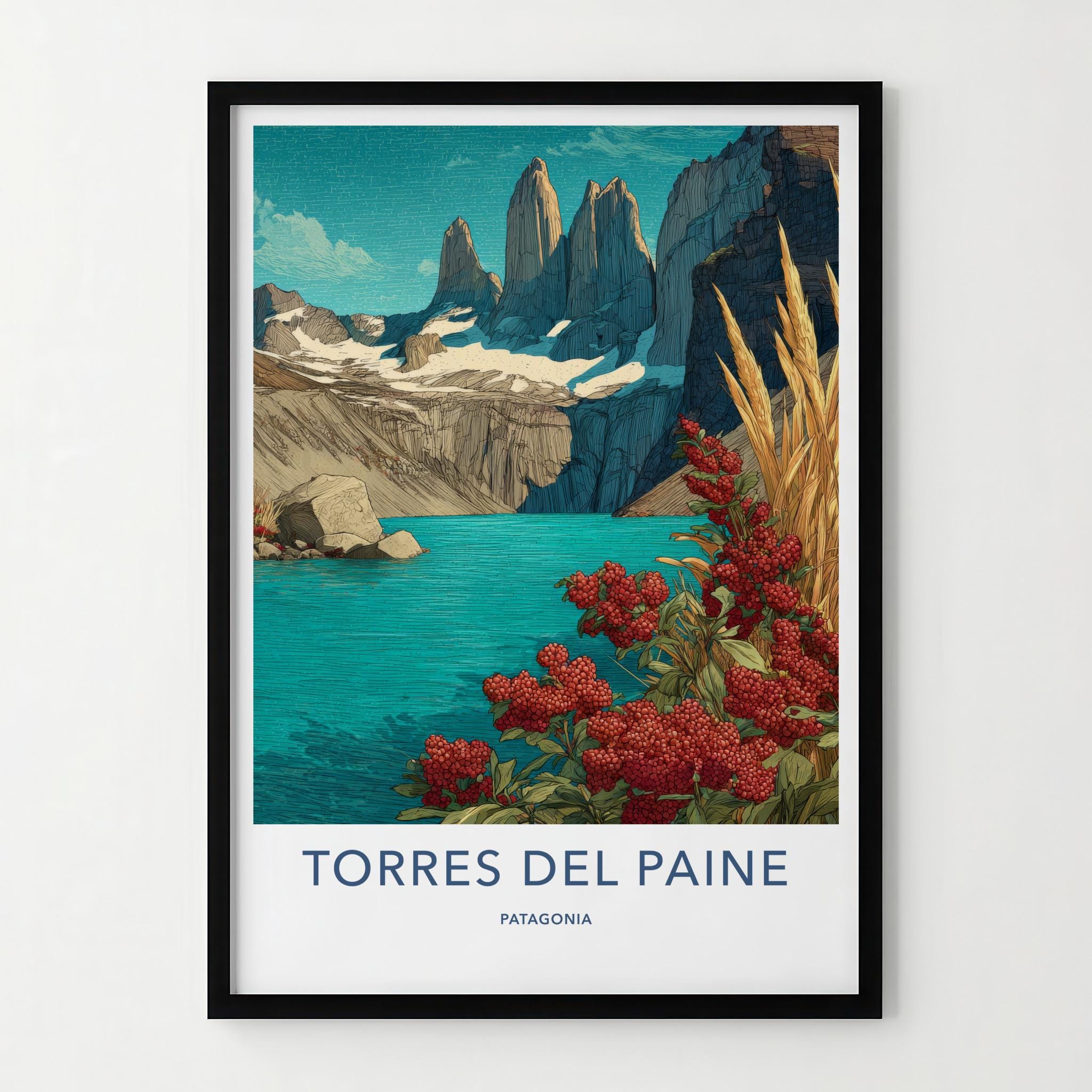 Torres del Paine Poster - Chile Travel Art - Red Berries Blue Lake Home Decor