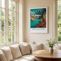 Torres del Paine Poster - Chile Travel Art - Red Berries Blue Lake Home Decor