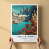Torres del Paine Poster - Chile Travel Art - Red Berries Blue Lake Home Decor
