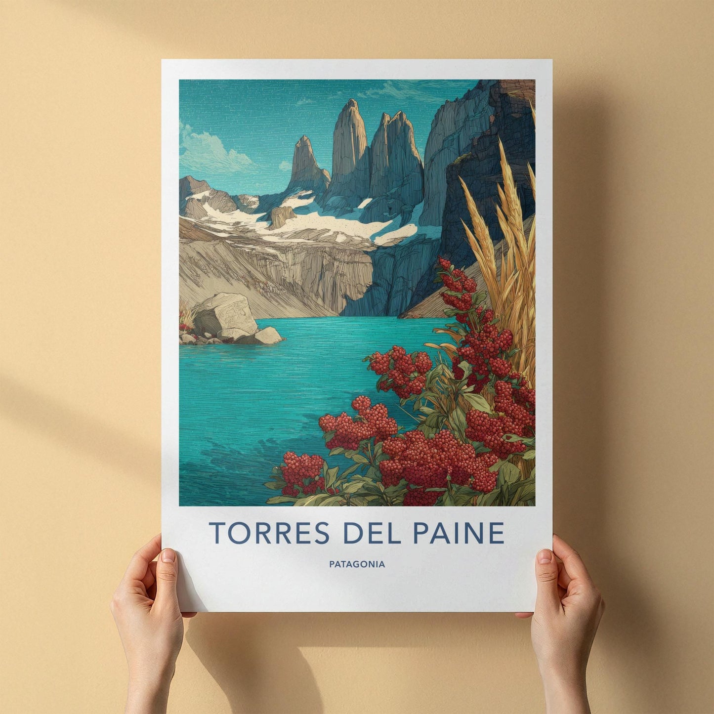 Torres del Paine Poster - Chile Travel Art - Red Berries Blue Lake Home Decor