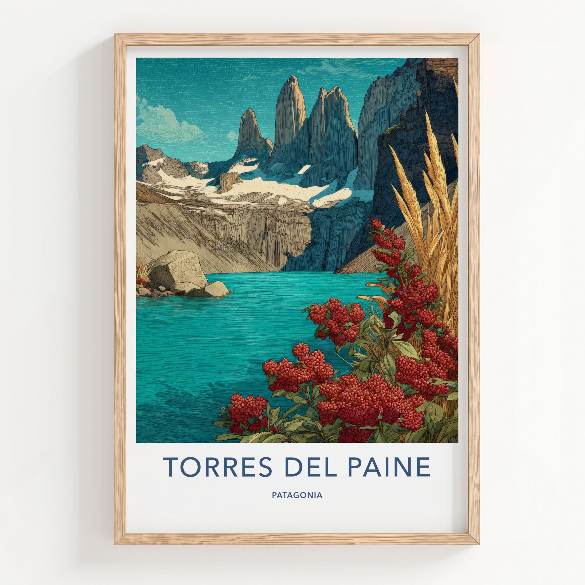 Torres del Paine Poster - Chile Travel Art - Red Berries Blue Lake Home Decor