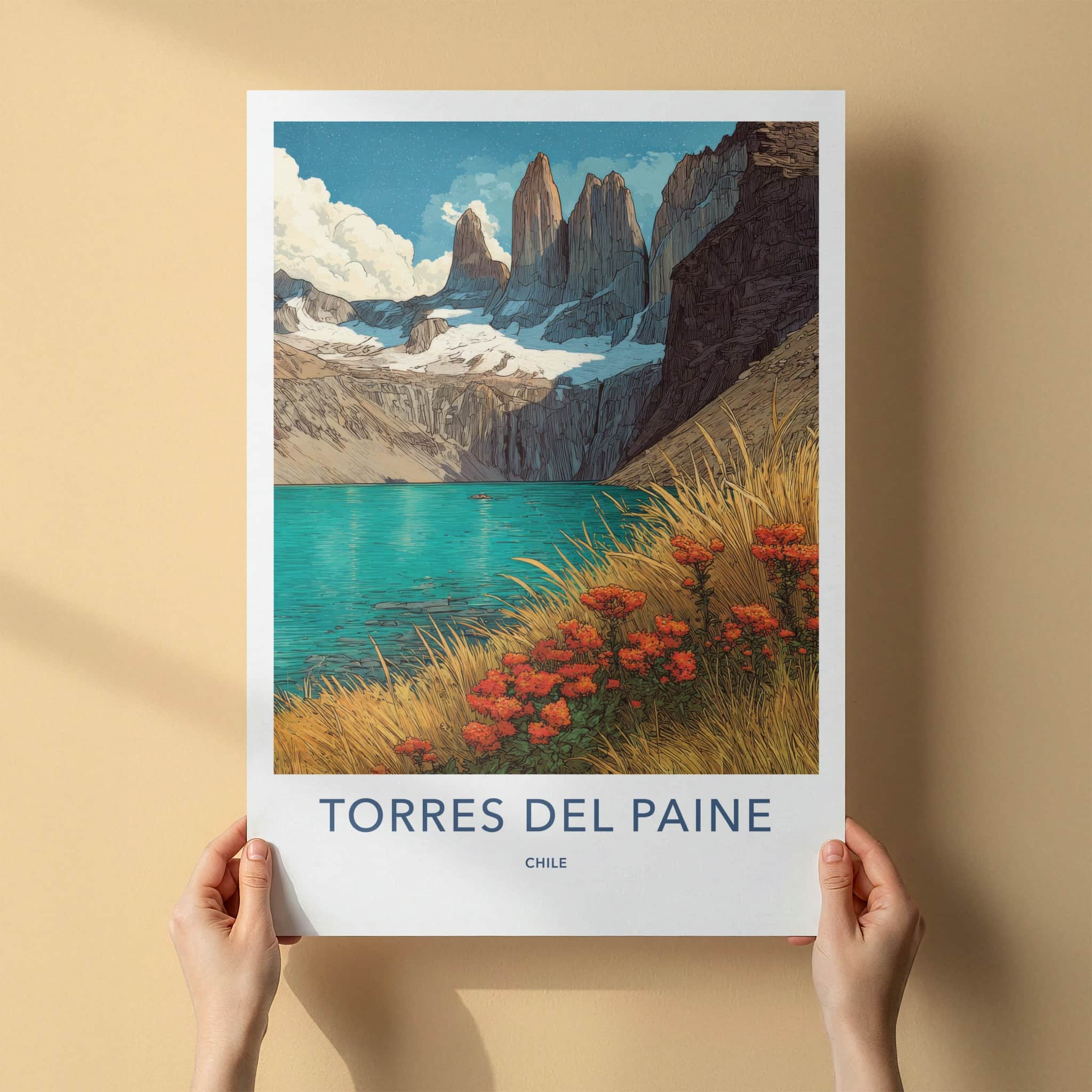 Torres Del Paine Poster - Chile Travel Print - Snowy Peaks Lake Gallery Art