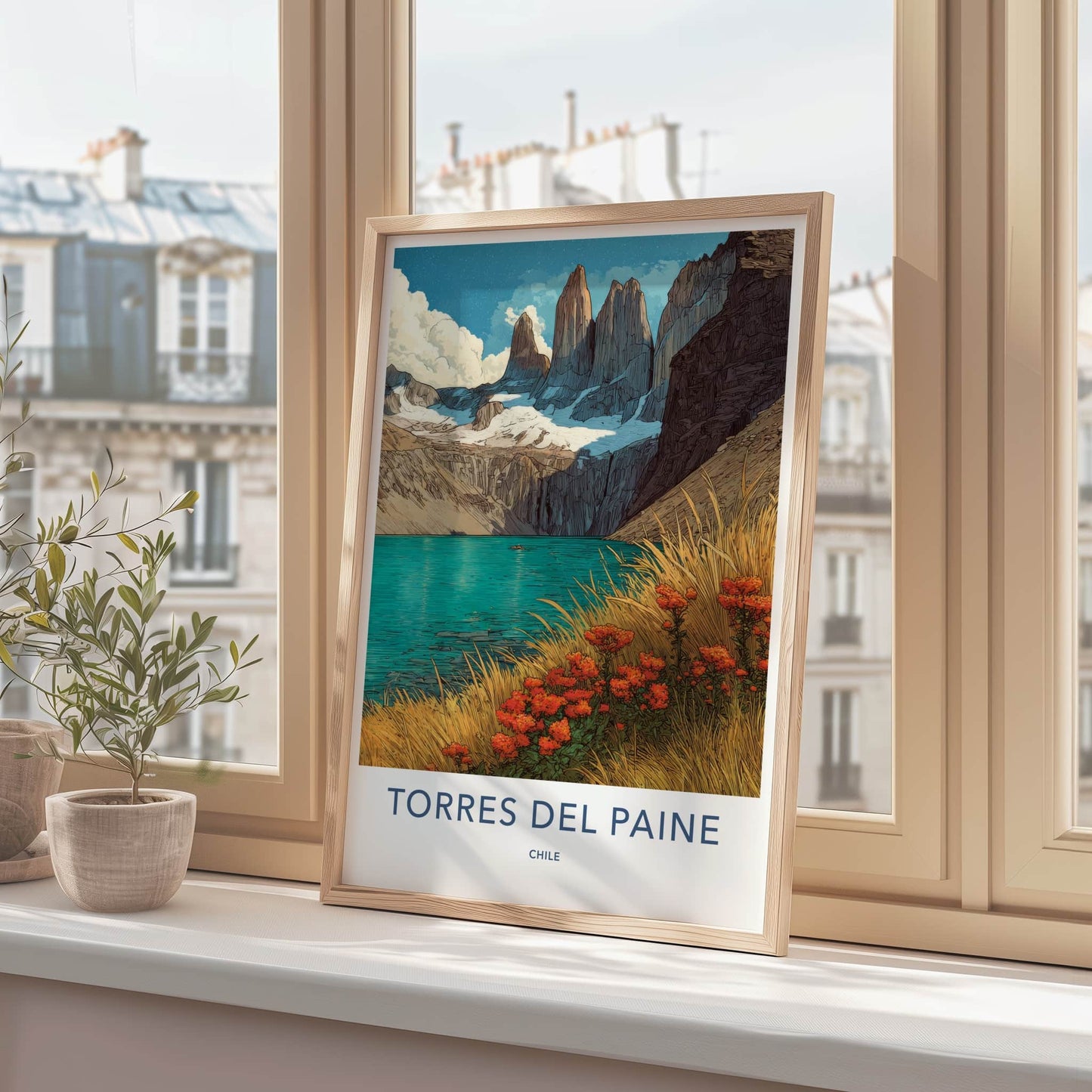 Torres Del Paine Poster - Chile Travel Print - Snowy Peaks Lake Gallery Art