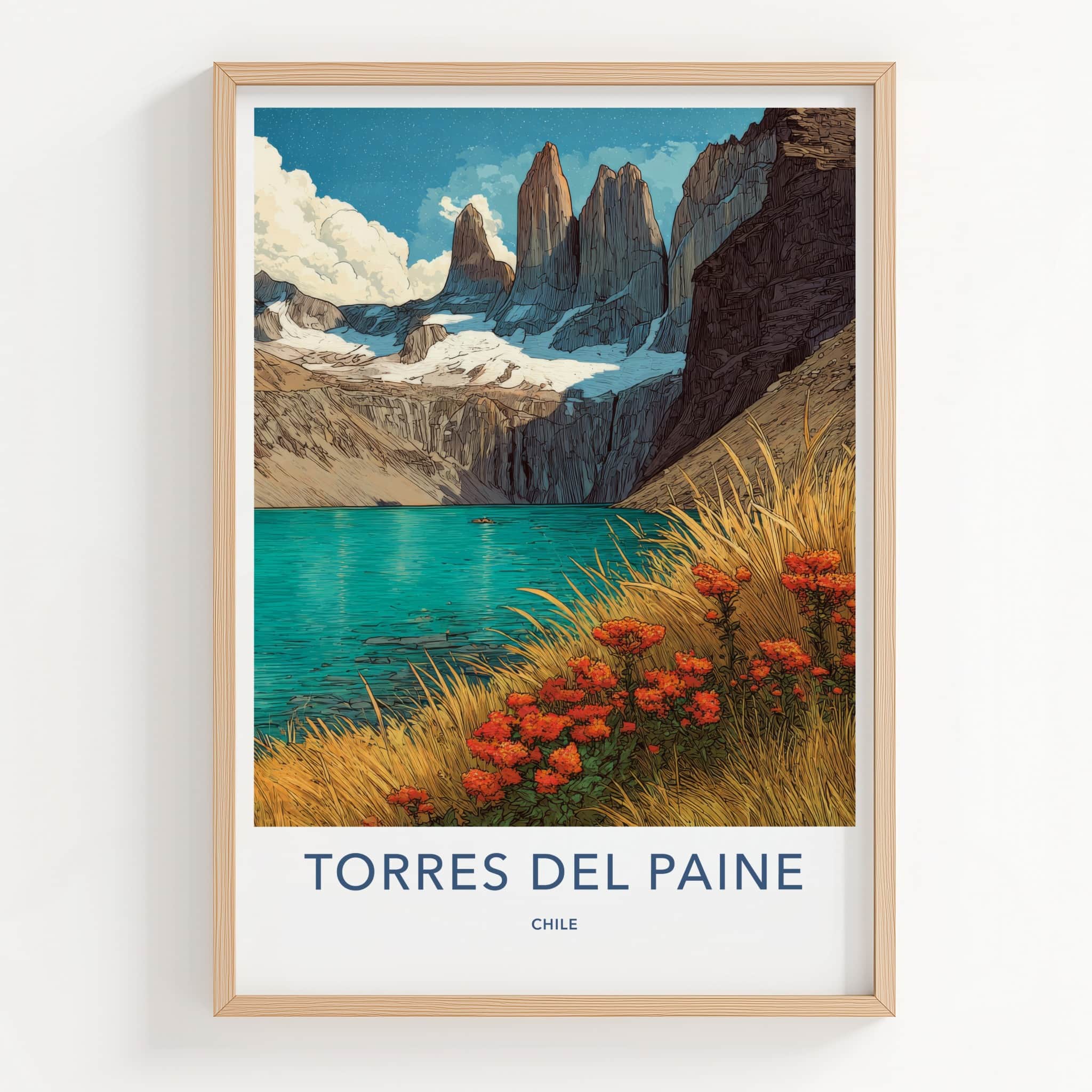Torres Del Paine Poster - Chile Travel Print - Snowy Peaks Lake Gallery Art