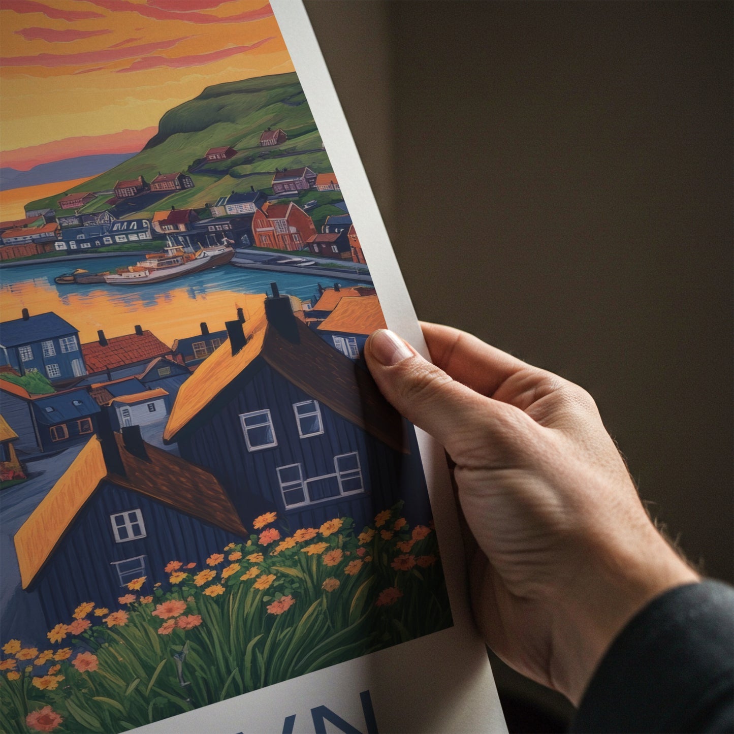 Torshavn Poster - Faroe Islands Travel Art - Harbor Town Sunset Wall Decor