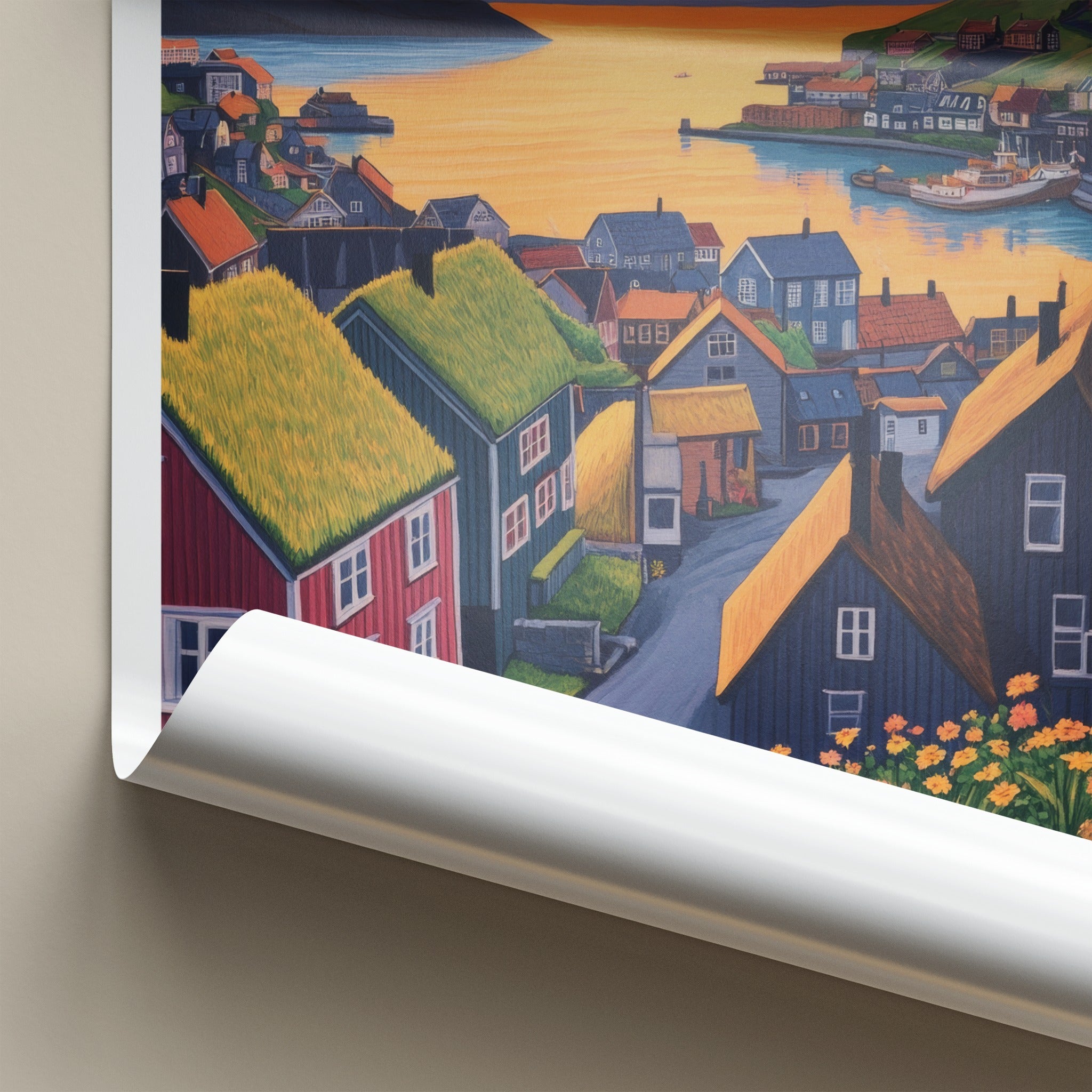 Torshavn Poster - Faroe Islands Travel Art - Harbor Town Sunset Wall Decor