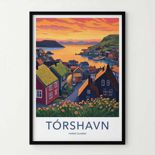 Torshavn Poster - Faroe Islands Travel Art - Harbor Town Sunset Wall Decor