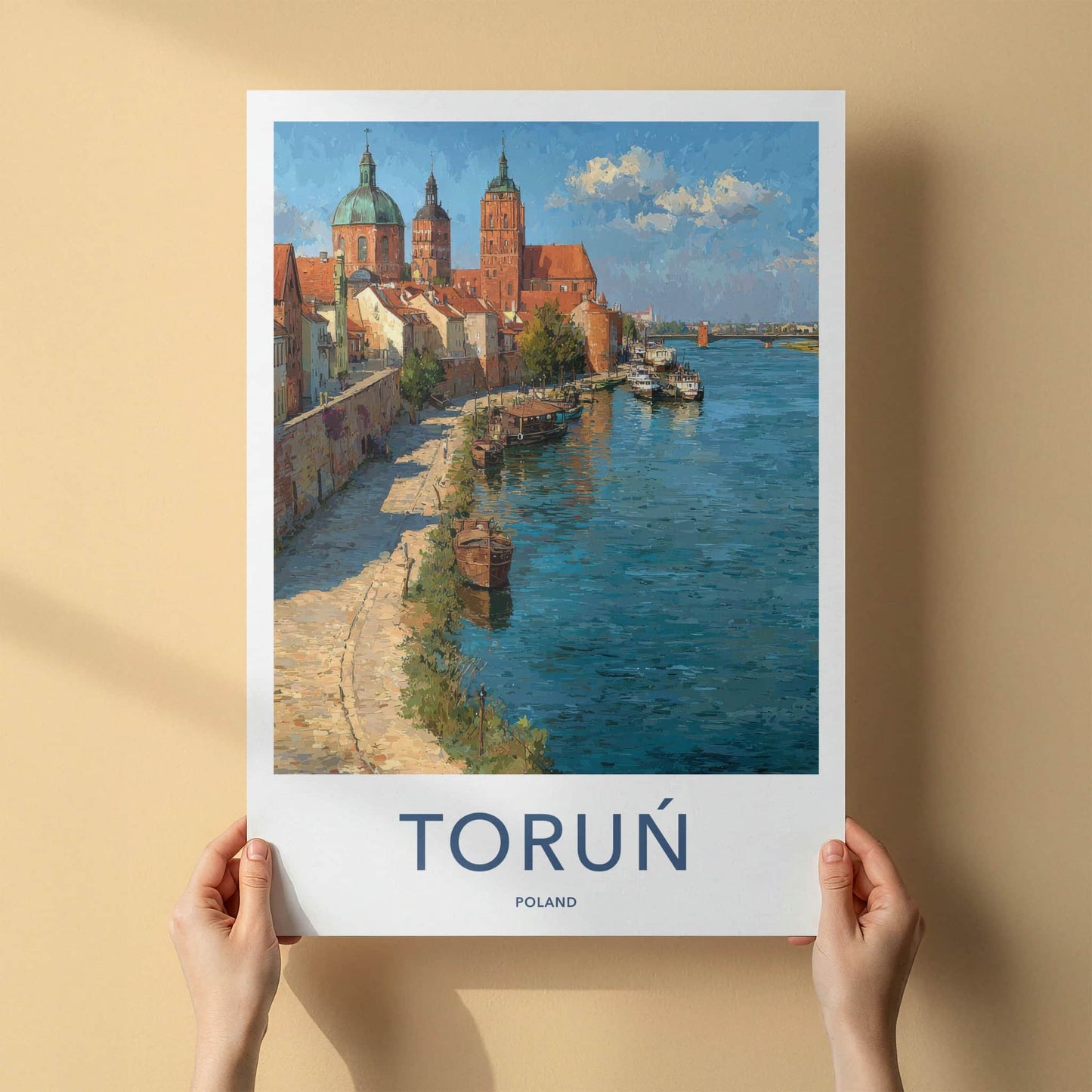 Torun Poster - Poland Travel Art - Historic Riverfront Boats Home Decor