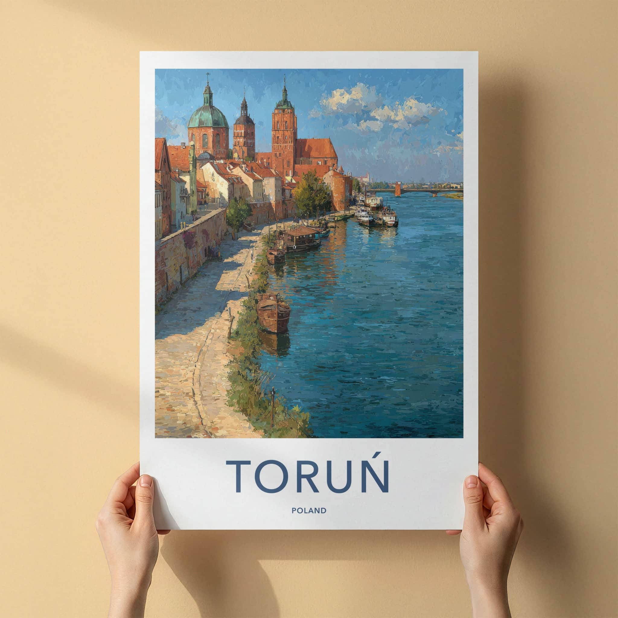 Torun Poster - Poland Travel Art - Historic Riverfront Boats Home Decor