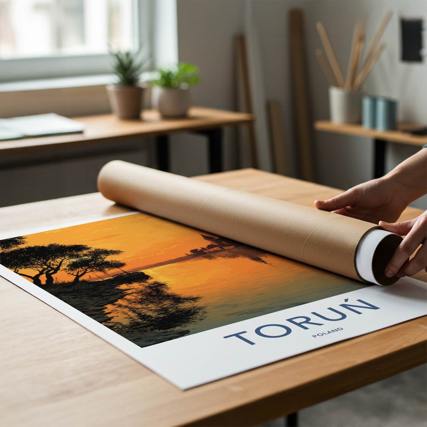 Torun Poster - Poland Travel Art - Orange River Reflection Home Decor