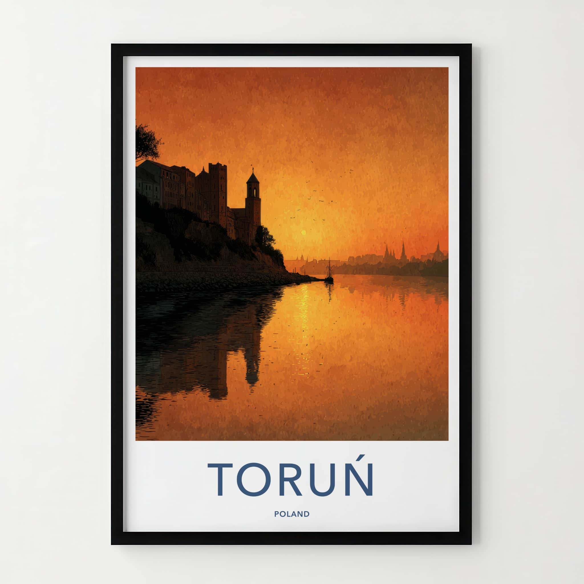 Torun Poster - Poland Travel Art - Riverfront City Sunset Home Decor