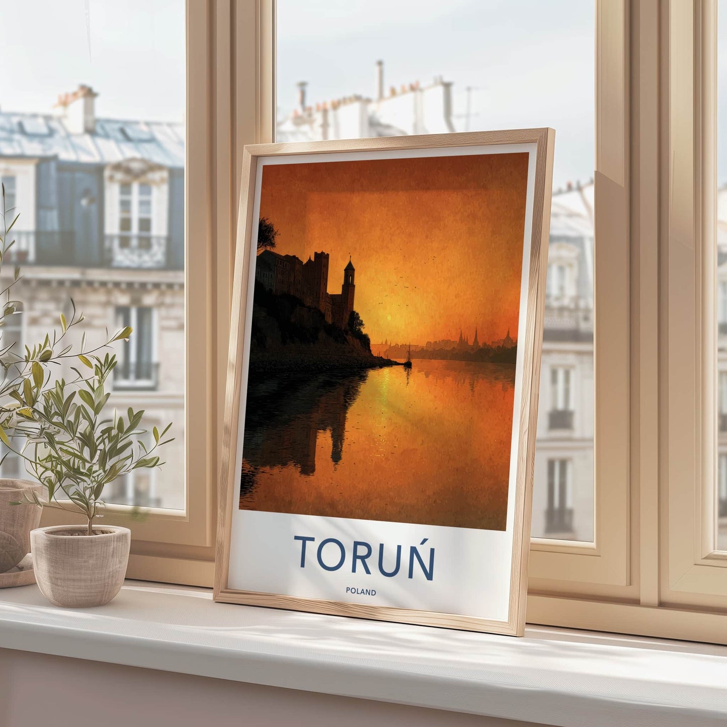 Torun Poster - Poland Travel Art - Riverfront City Sunset Home Decor