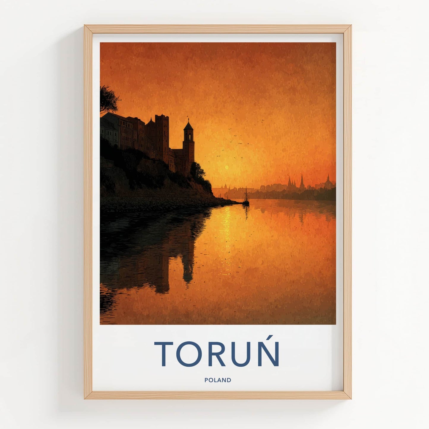 Torun Poster - Poland Travel Art - Riverfront City Sunset Home Decor