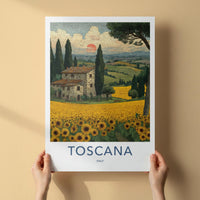 Toscana Poster - Italy Travel Art - Tuscan Farmhouse Sunflowers Wall Decor