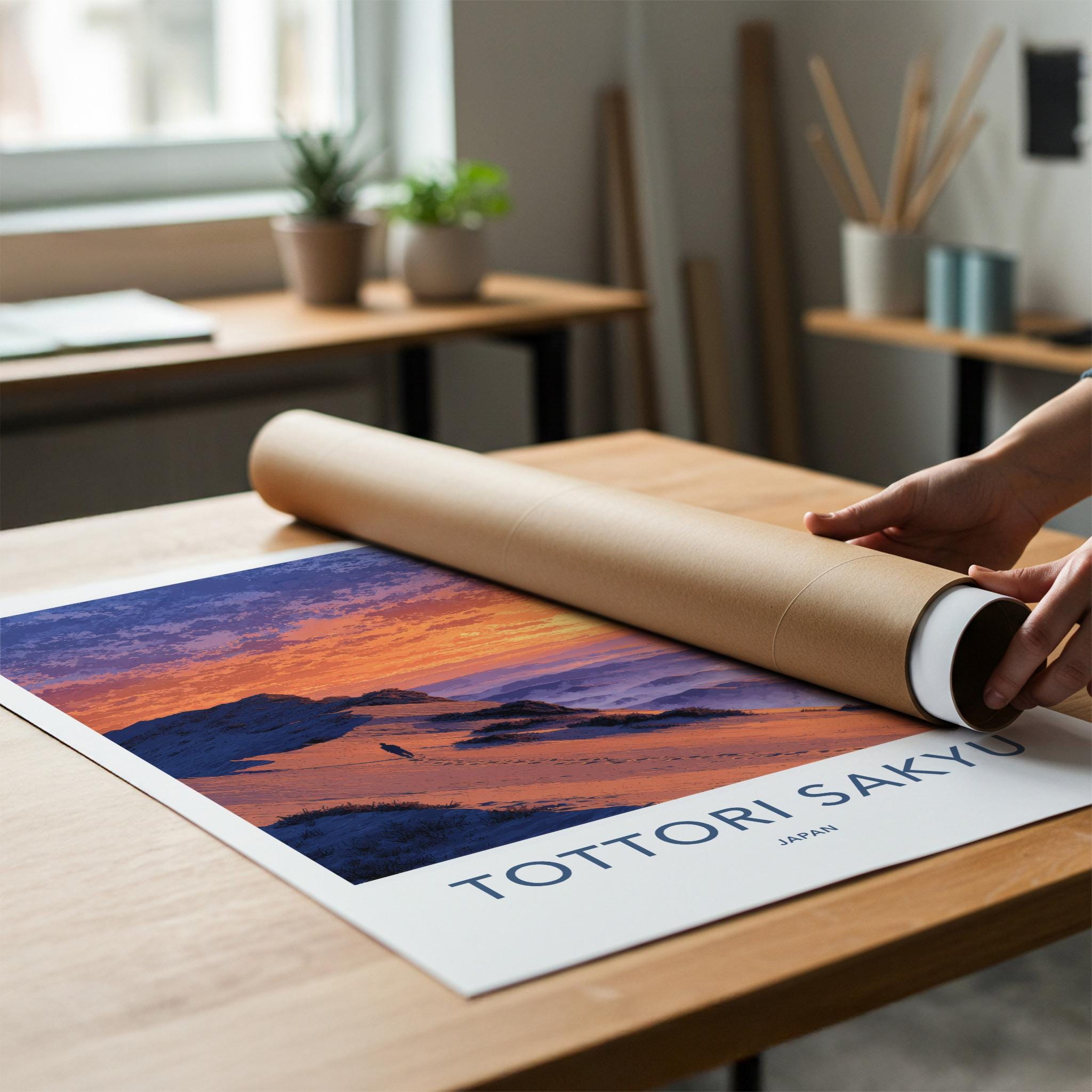 Tottori Sakyu Poster - Japan Travel Art - Vibrant Sunset Dunes Home Decor