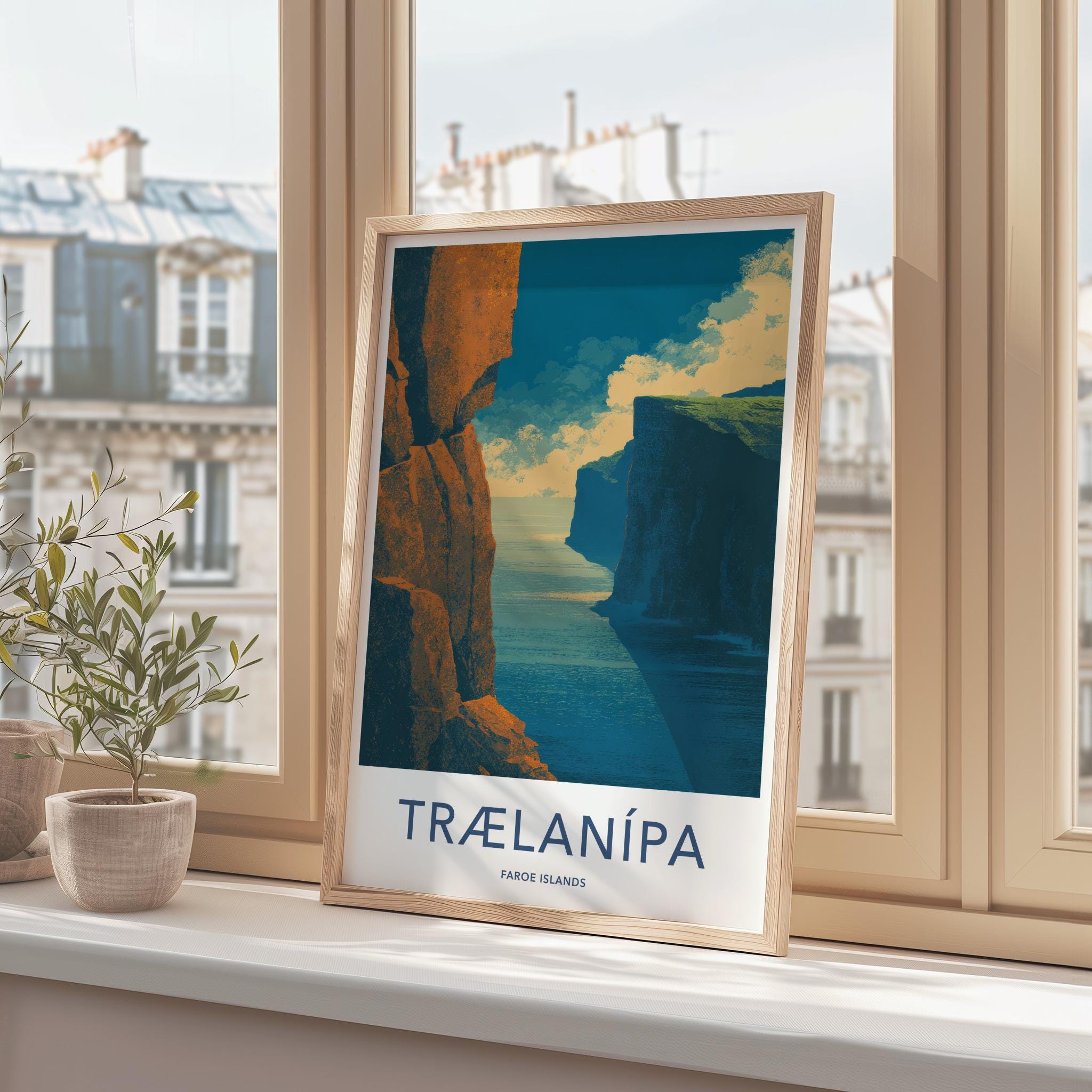 Traelanipa Poster - Faroe Islands Travel Art - Towering Ocean Cliffs Home Decor