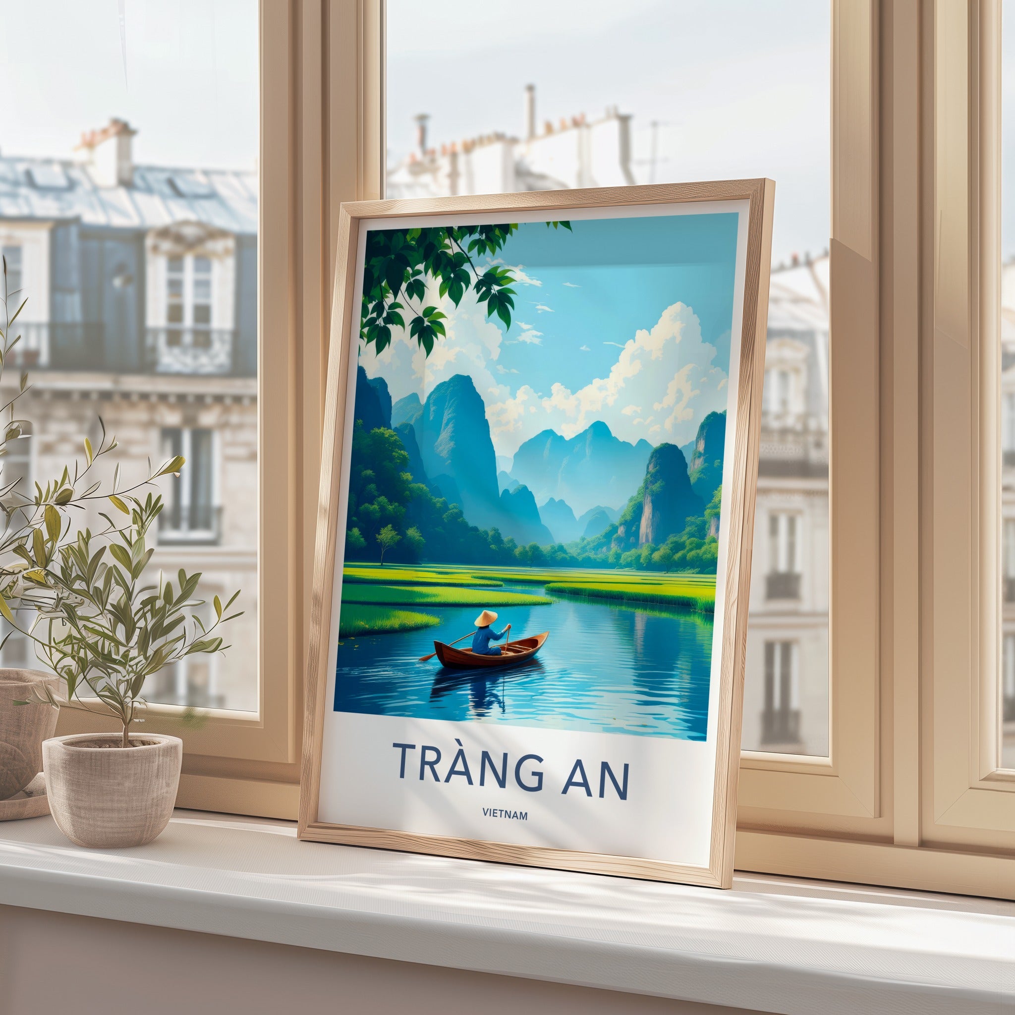 Trang An Poster - Vietnam Travel Print - Paddler River Greenery Wall Decor