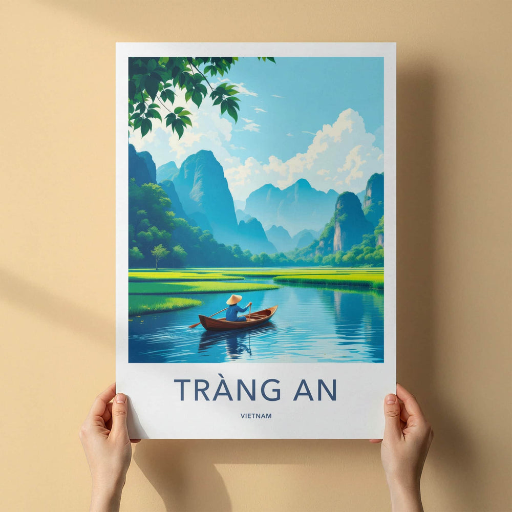 Trang An Poster - Vietnam Travel Print - Paddler River Greenery Wall Decor