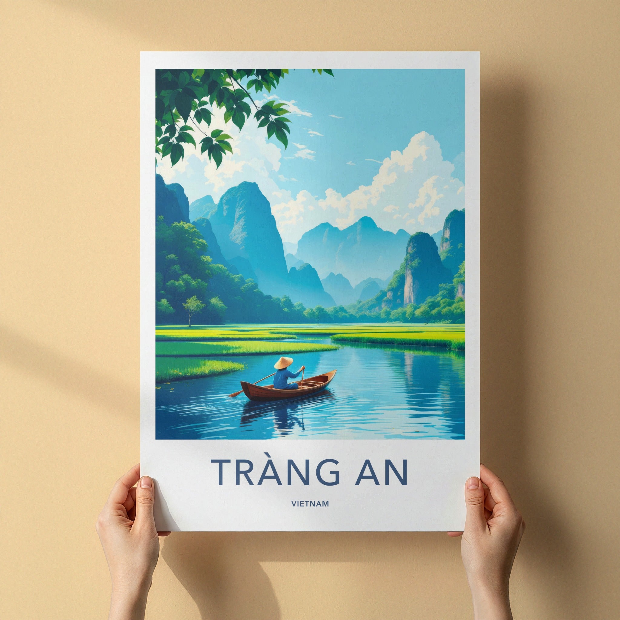 Trang An Poster - Vietnam Travel Print - Paddler River Greenery Wall Decor