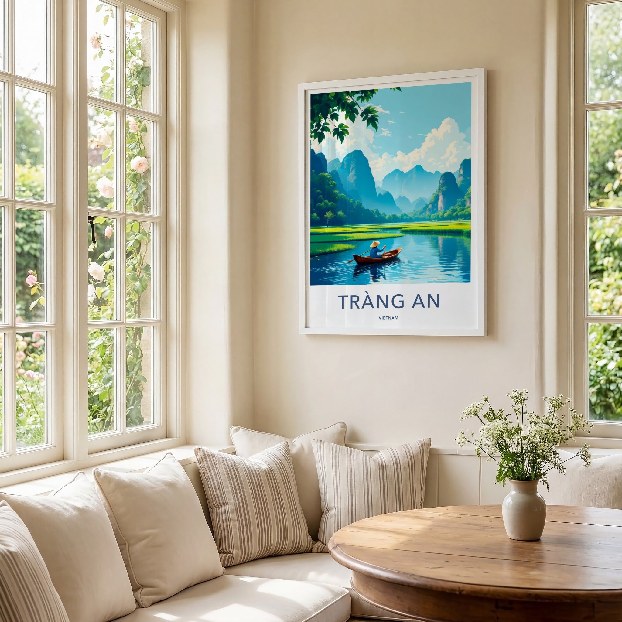 Trang An Poster - Vietnam Travel Print - Paddler River Greenery Wall Decor