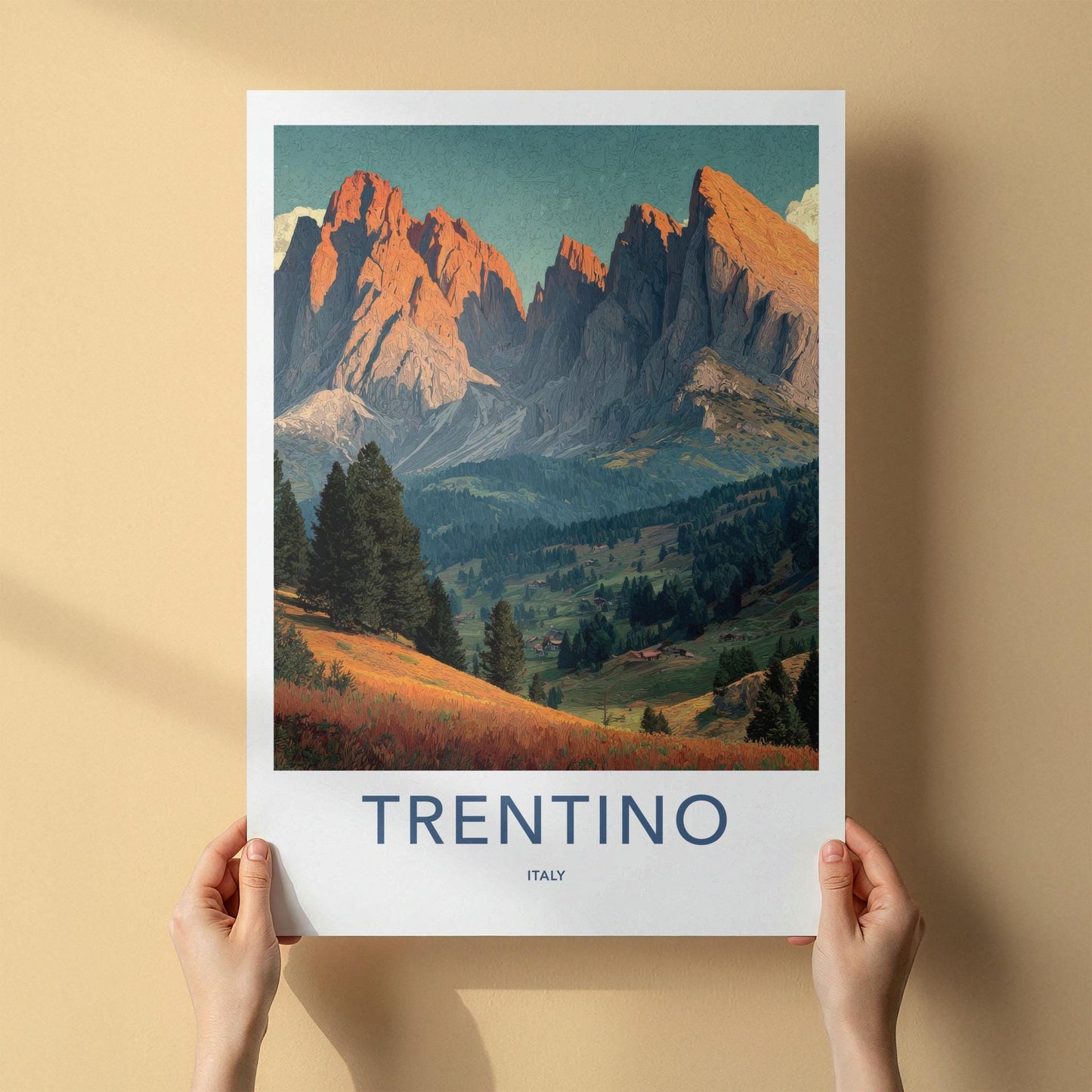 Trentino Poster - Italy Travel Art - Sunset Mountain Valley Home Decor