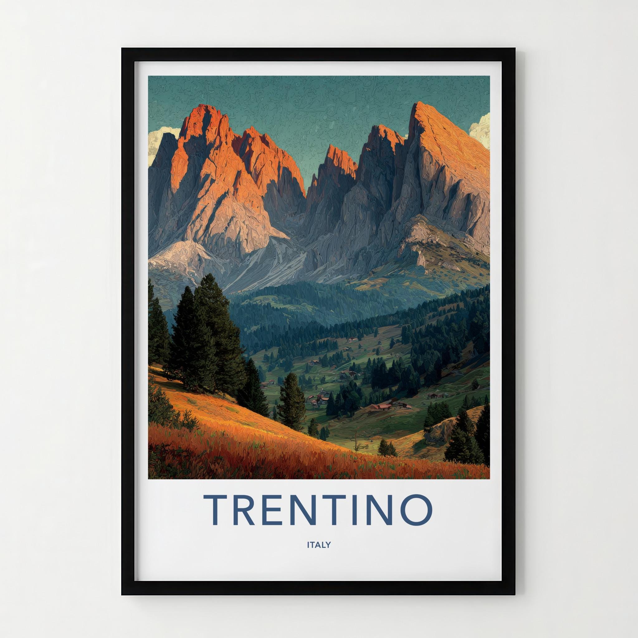 Trentino Poster - Italy Travel Art - Sunset Mountain Valley Home Decor