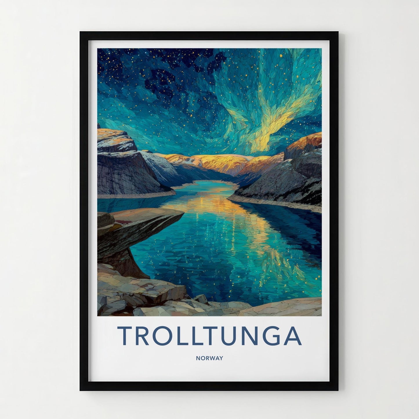 Trolltunga Poster - Norway Travel Art - Aurora Fjord Reflection Home Decor