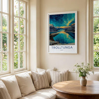 Trolltunga Poster - Norway Travel Art - Aurora Fjord Reflection Home Decor