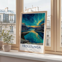 Trolltunga Poster - Norway Travel Art - Aurora Fjord Reflection Home Decor
