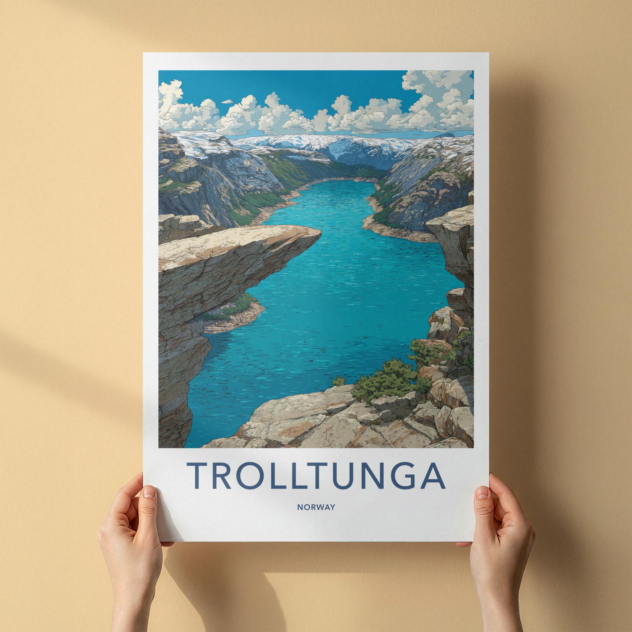 Trolltunga Poster - Norway Travel Art - Dramatic Cliff Fjord Home Decor