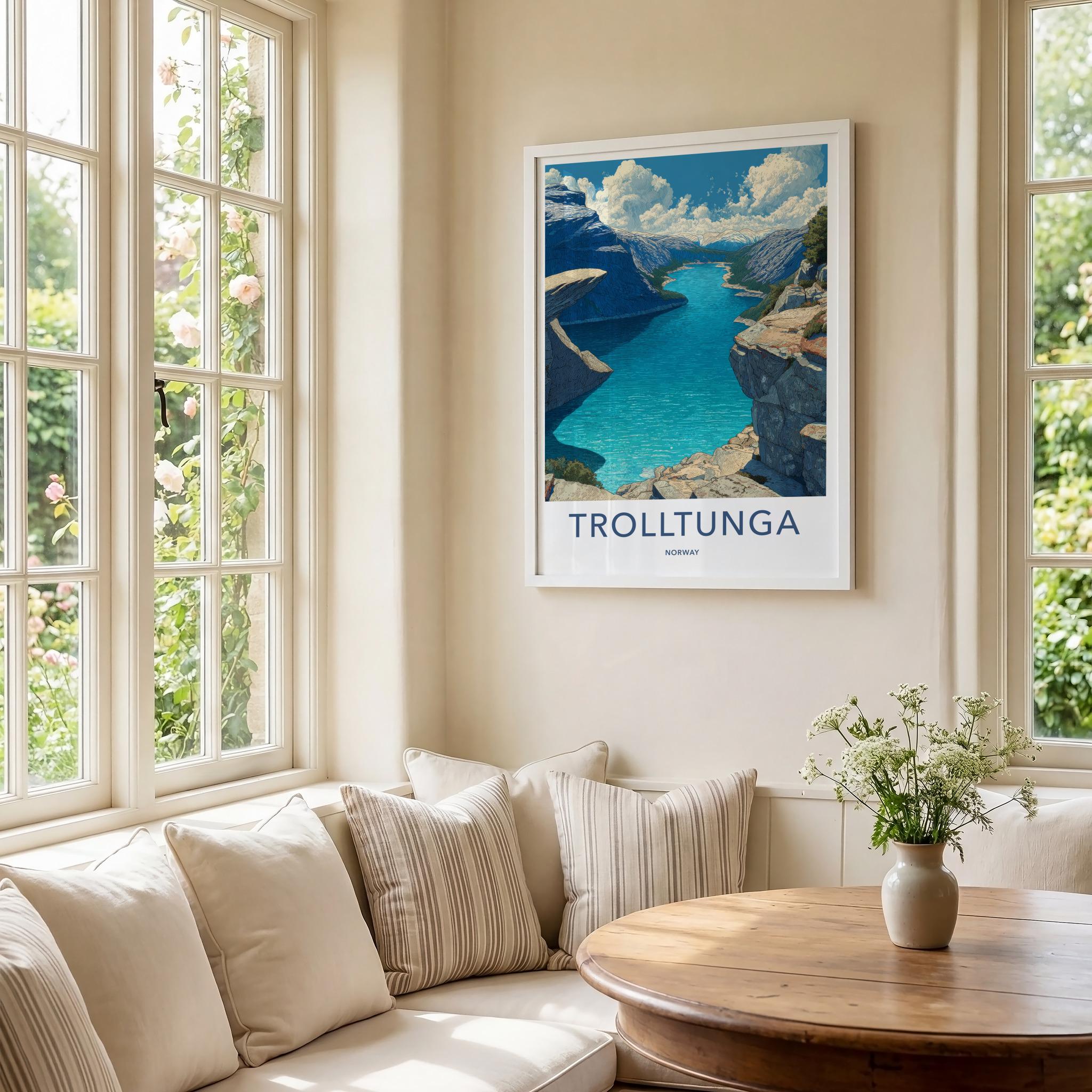 Trolltunga Poster - Norway Travel Art - Dramatic Cliff Fjord Wall Decor