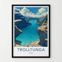 Trolltunga Poster - Norway Travel Art - Dramatic Cliff Fjord Wall Decor