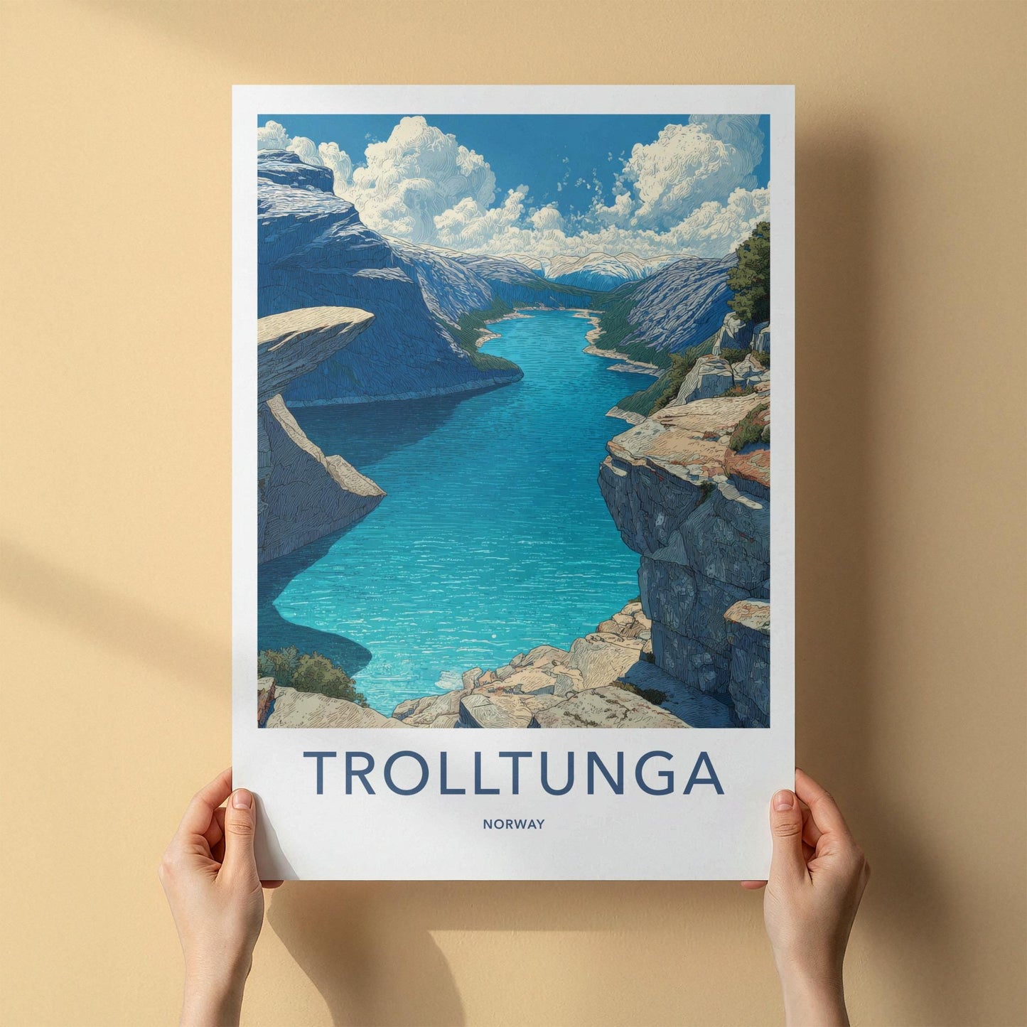 Trolltunga Poster - Norway Travel Art - Dramatic Cliff Fjord Wall Decor