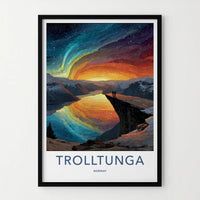 Trolltunga Poster - Norway Travel Art - Northern Lights Fjord Home Decor